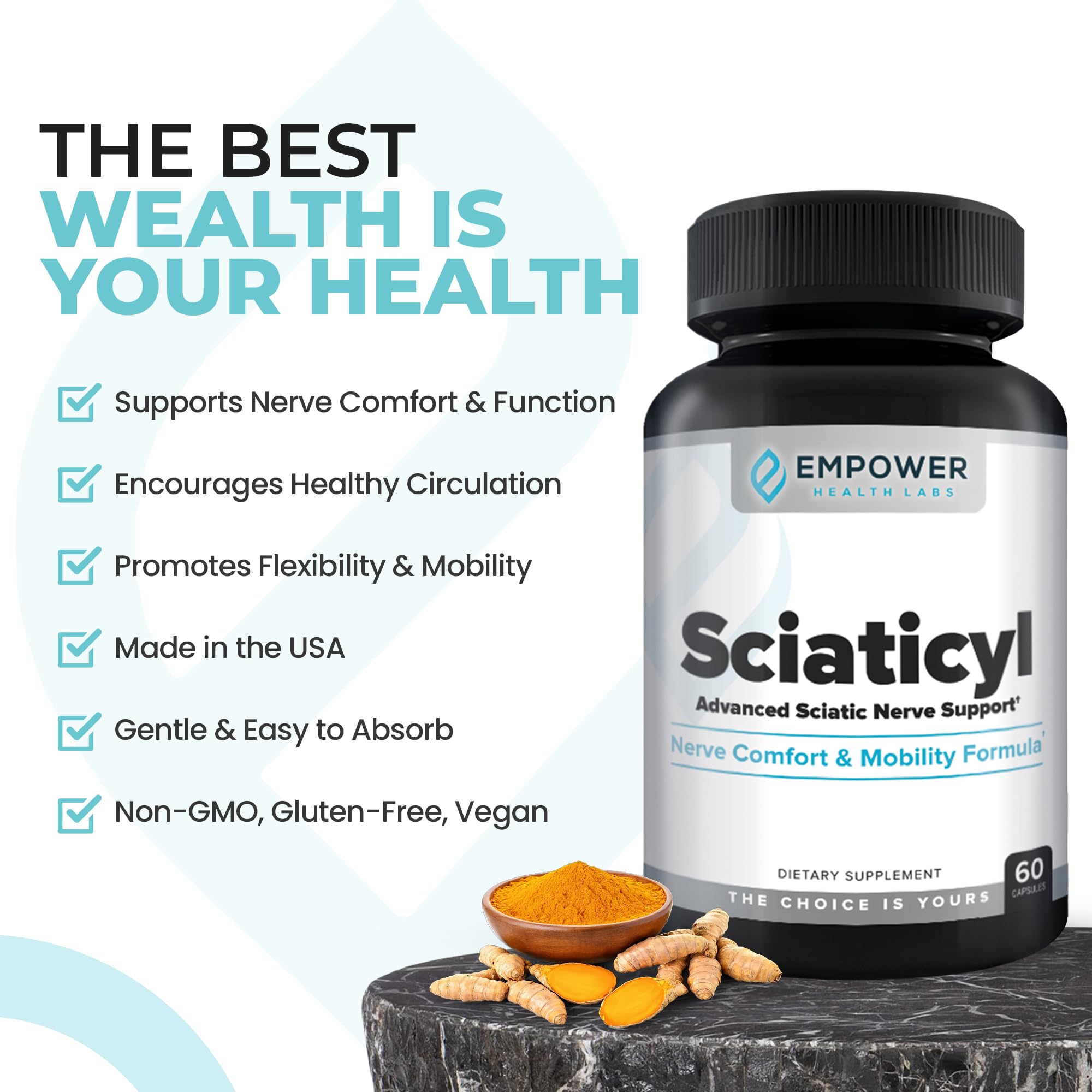 Empower Health Labs Sciaticyl frasco con 60 cápsulas para valorar tamaño y duración