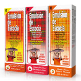 Emulsion de Escocia vista frontal del envase con diseño y beneficios visibles