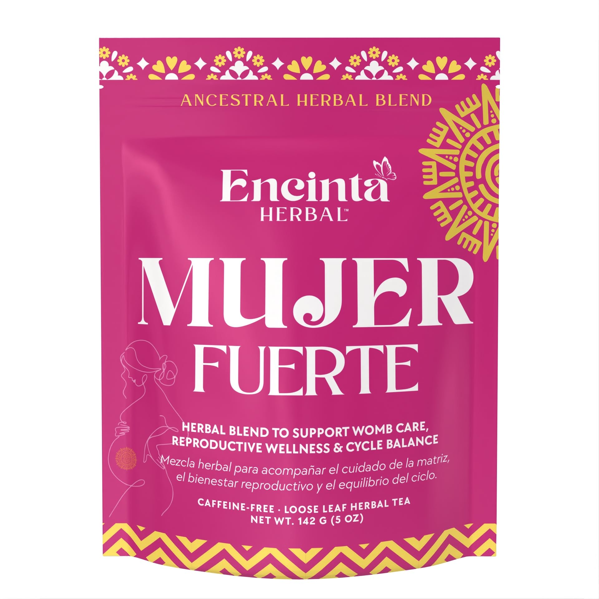Encinta Herbal paquete frente mostrando diseño y cierre resellable para conservación