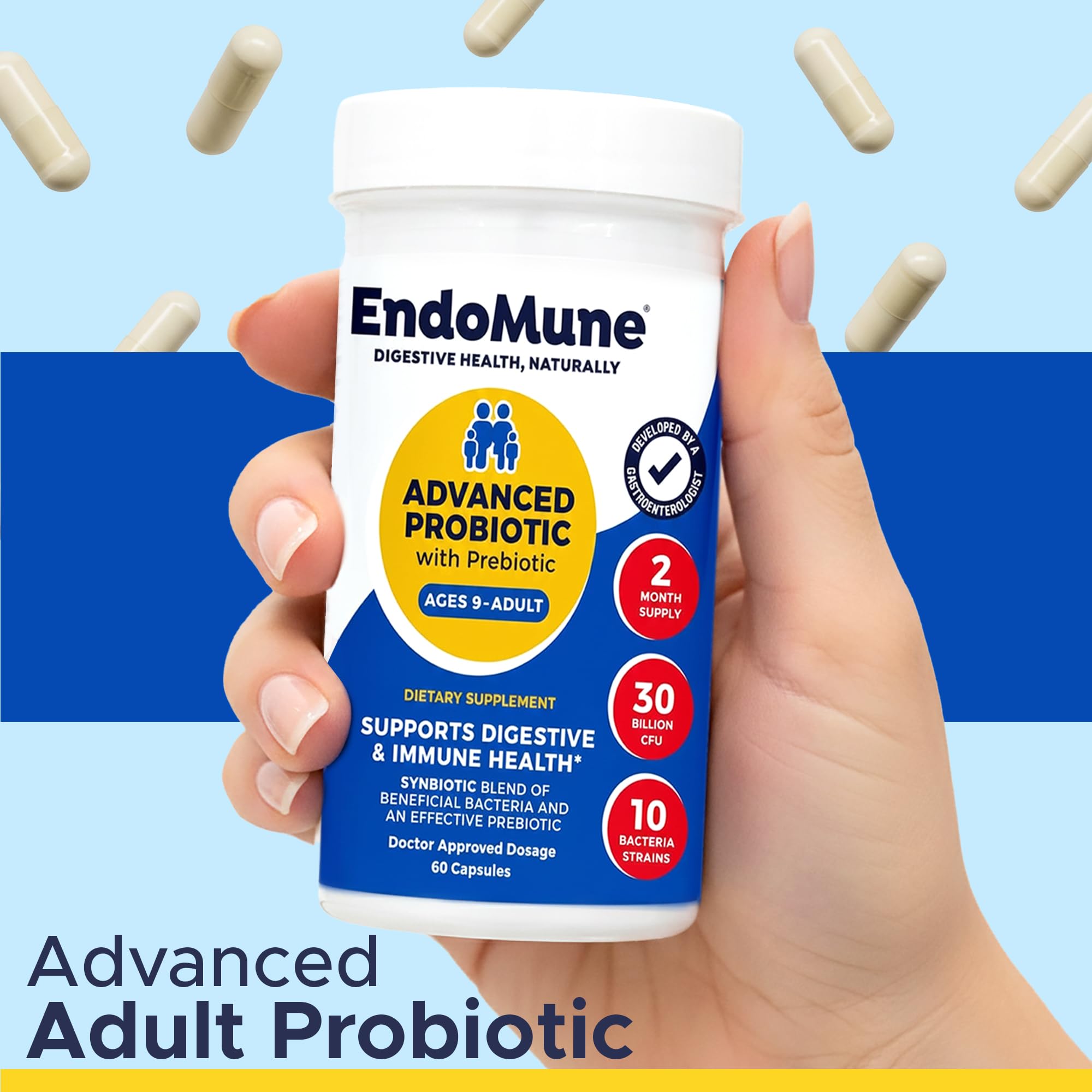 Endomune cápsula en mano destacando toma única diaria y practicidad