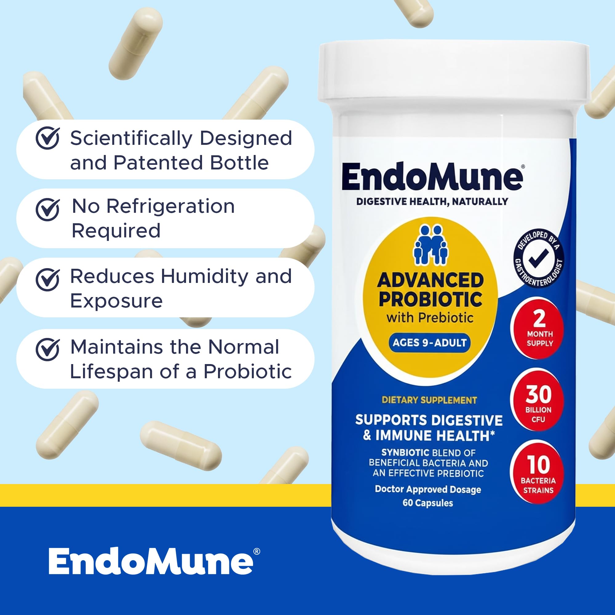 Endomune envase en maletín de viaje resaltando estabilidad sin refrigeración
