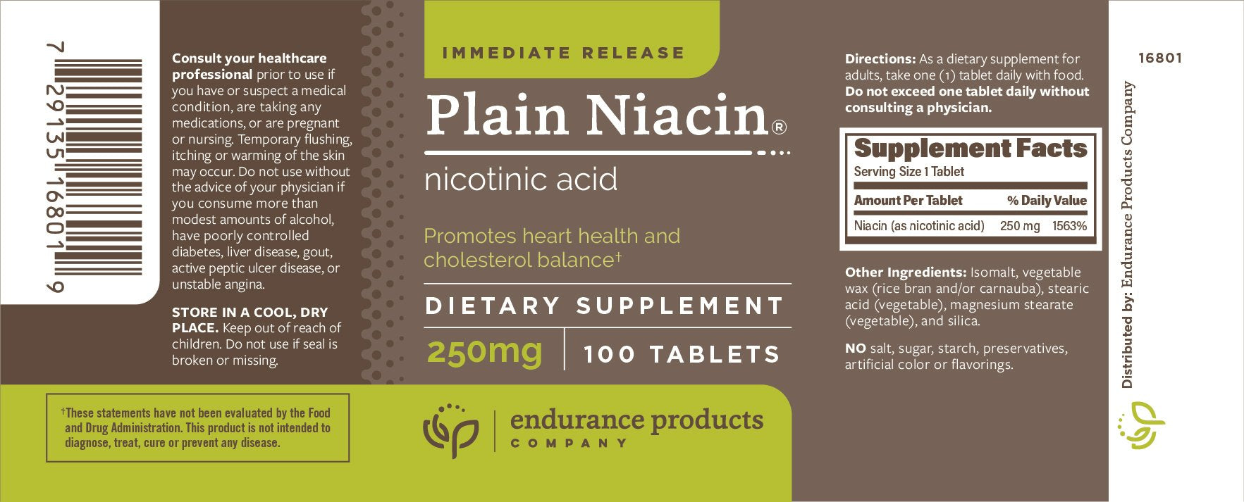 Endurance Products tableta de Niacin IR en primer plano, textura y tamaño fácil de tragar