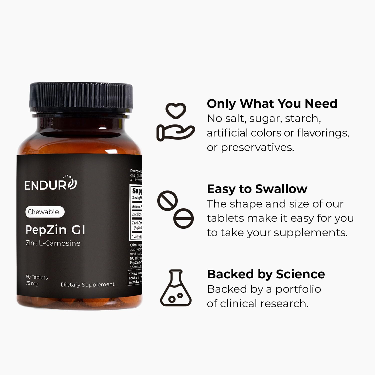 Endurance Products etiqueta de ENDUR PepZinGI con información de ingredientes y pureza