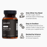 Endurance Products etiqueta de ENDUR PepZinGI con información de ingredientes y pureza