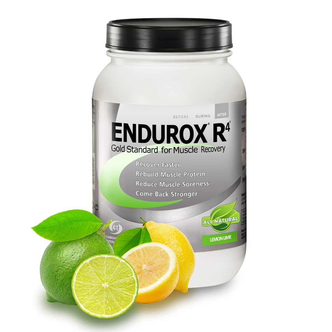 Endurox R4 envase frontal mostrando 28 servicios y sabor limón-lima, ideal para recuperación