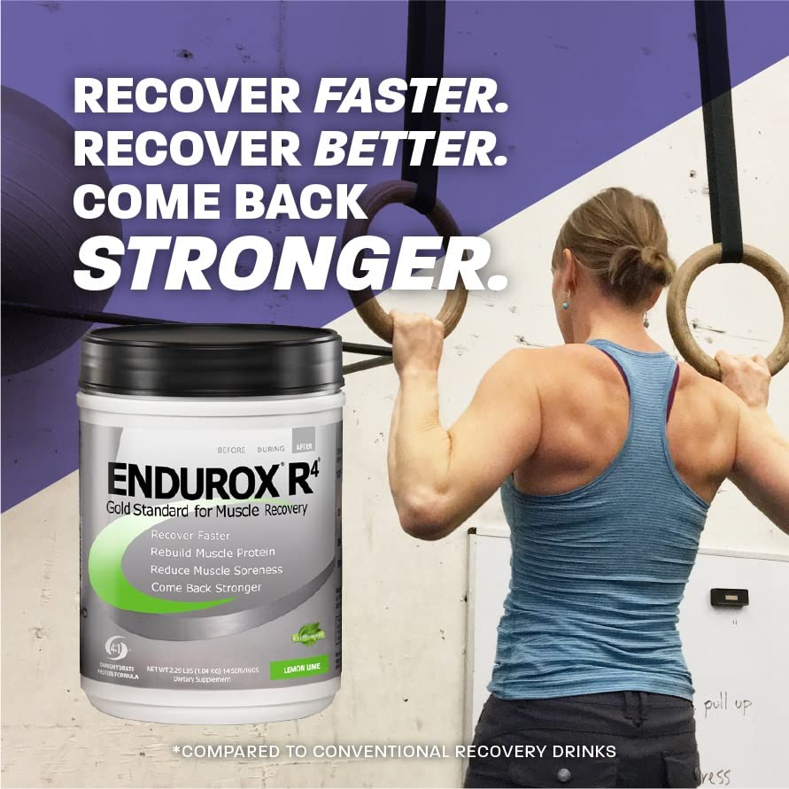 Endurox R4 ingredientes principales en primer plano, Endurox R4 con antioxidantes y glutamina