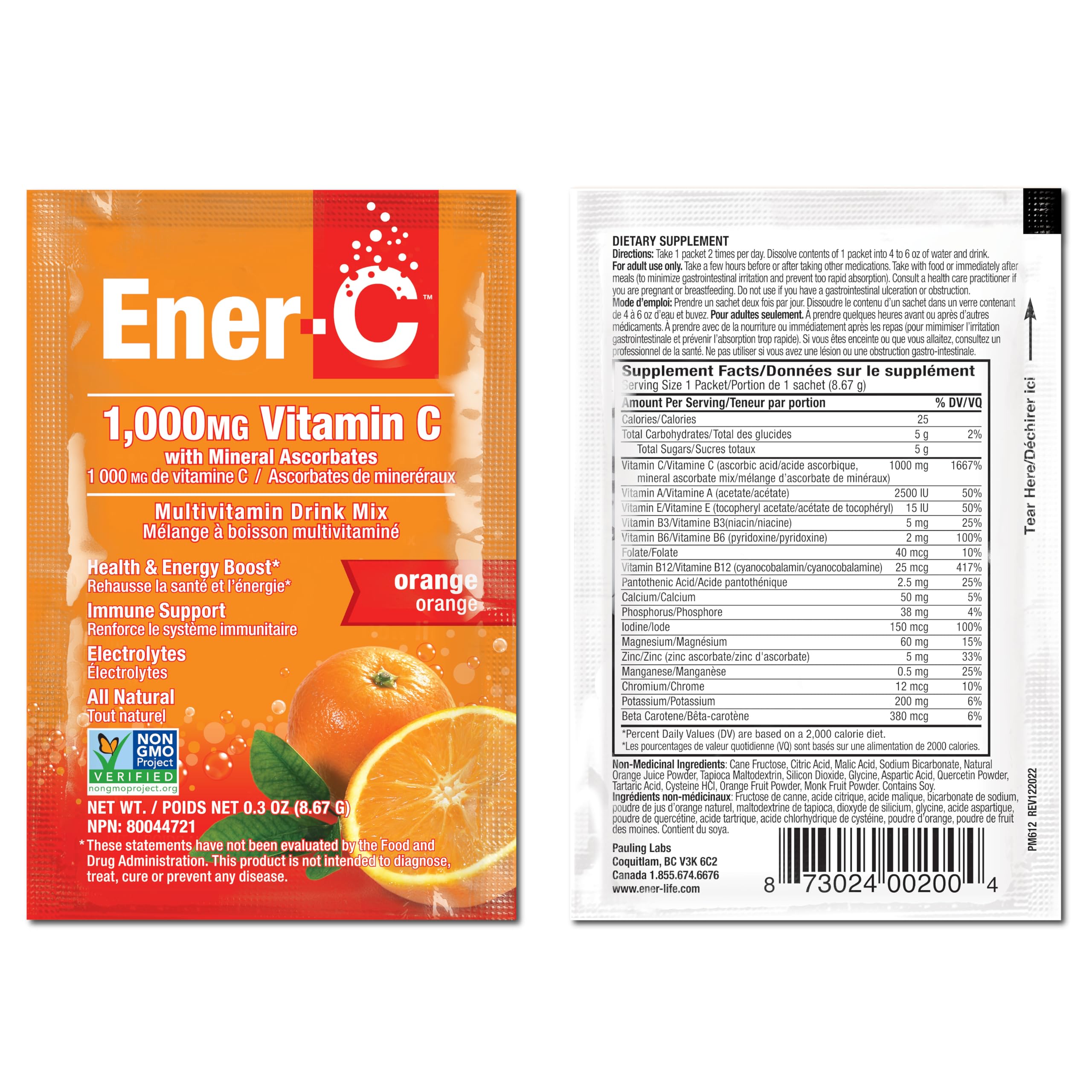 Ener-C etiqueta nutricional cercana mostrando vitaminas y minerales.