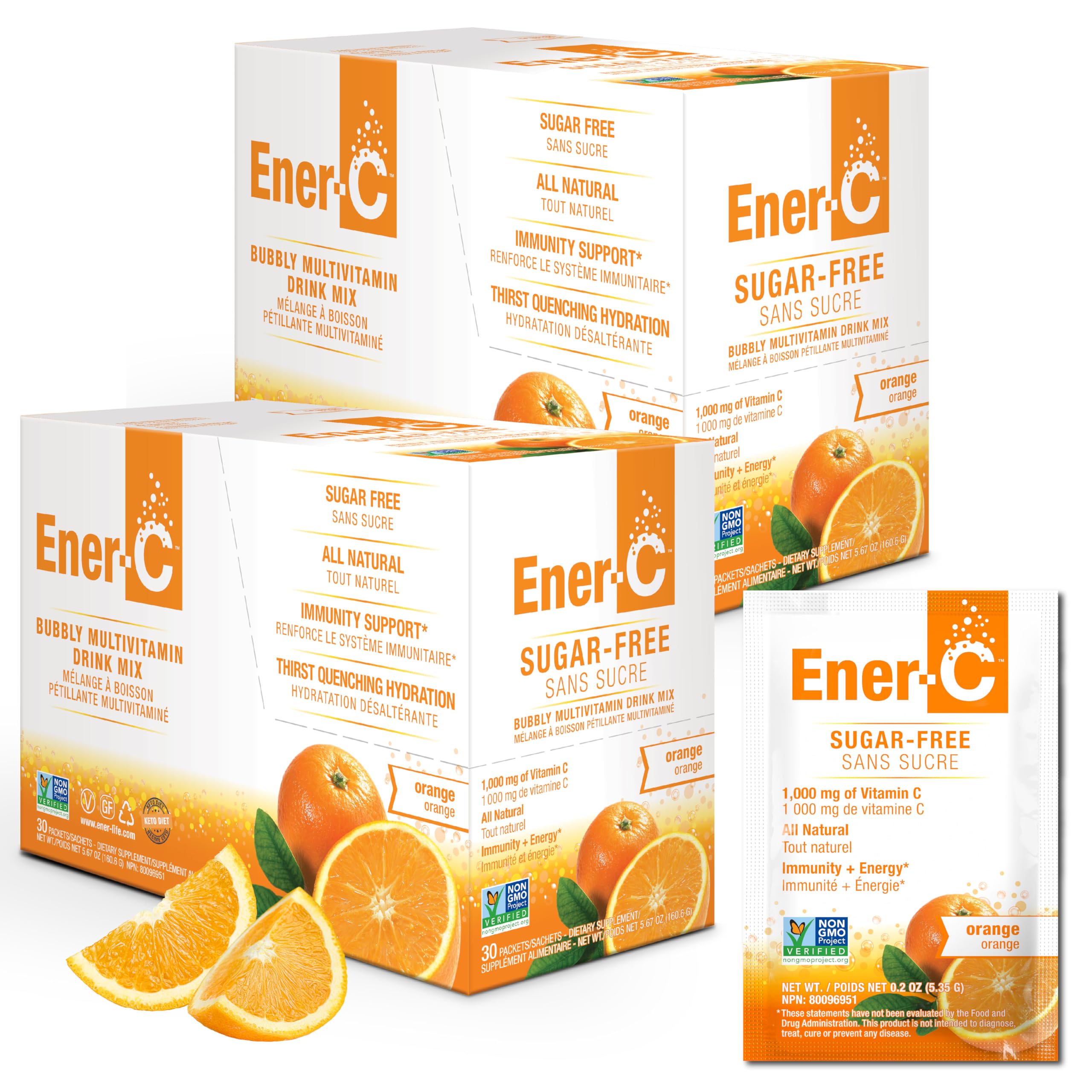 Ener-C presentación frontal del empaque mostrando 60 sobres y beneficio refrescante