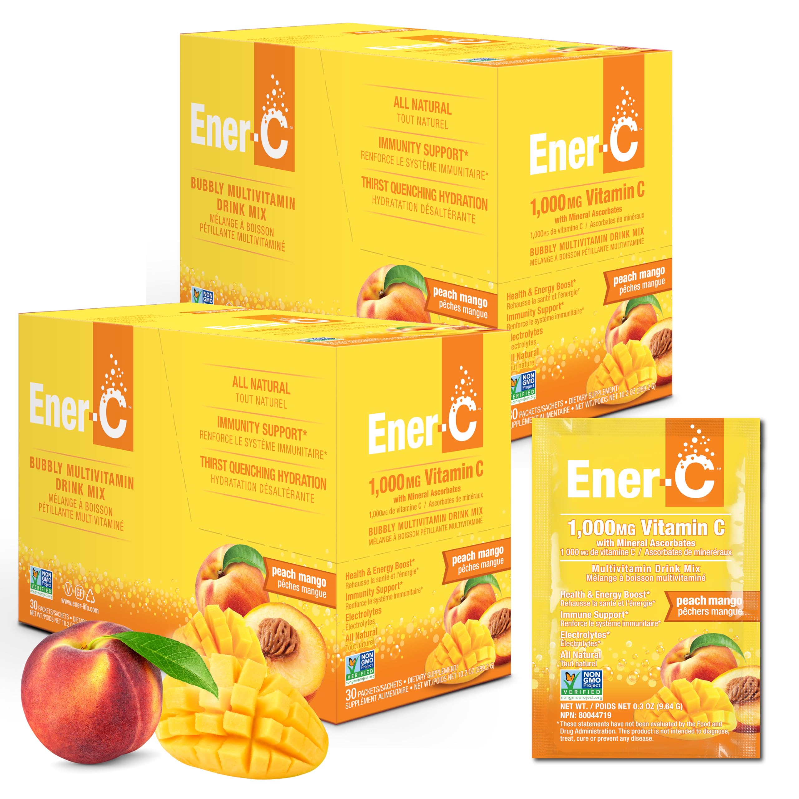 Ener-C frente del sobre durazno mango mostrando envase y sabor refrescante