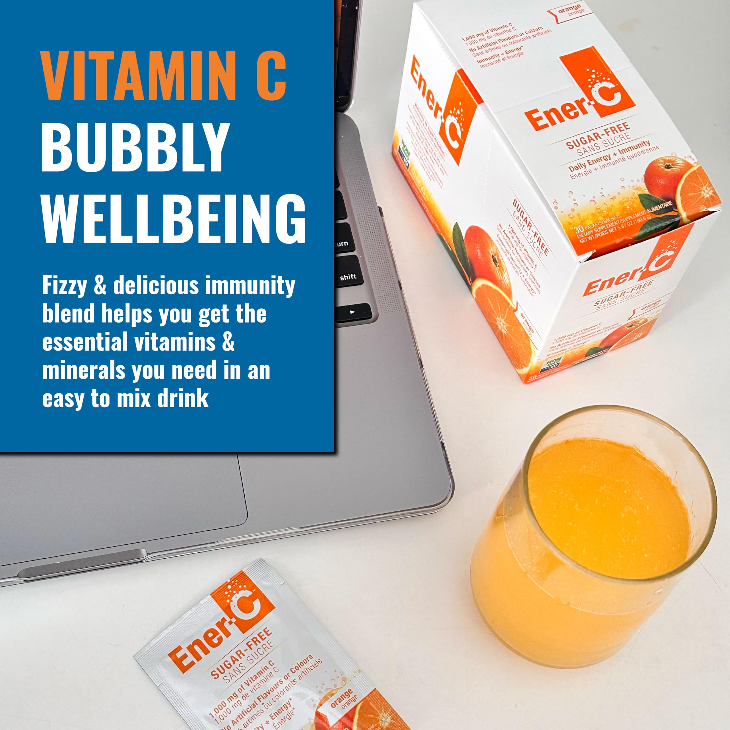 Ener-C bebida preparada en vaso, hidratación instantánea y sabor natural