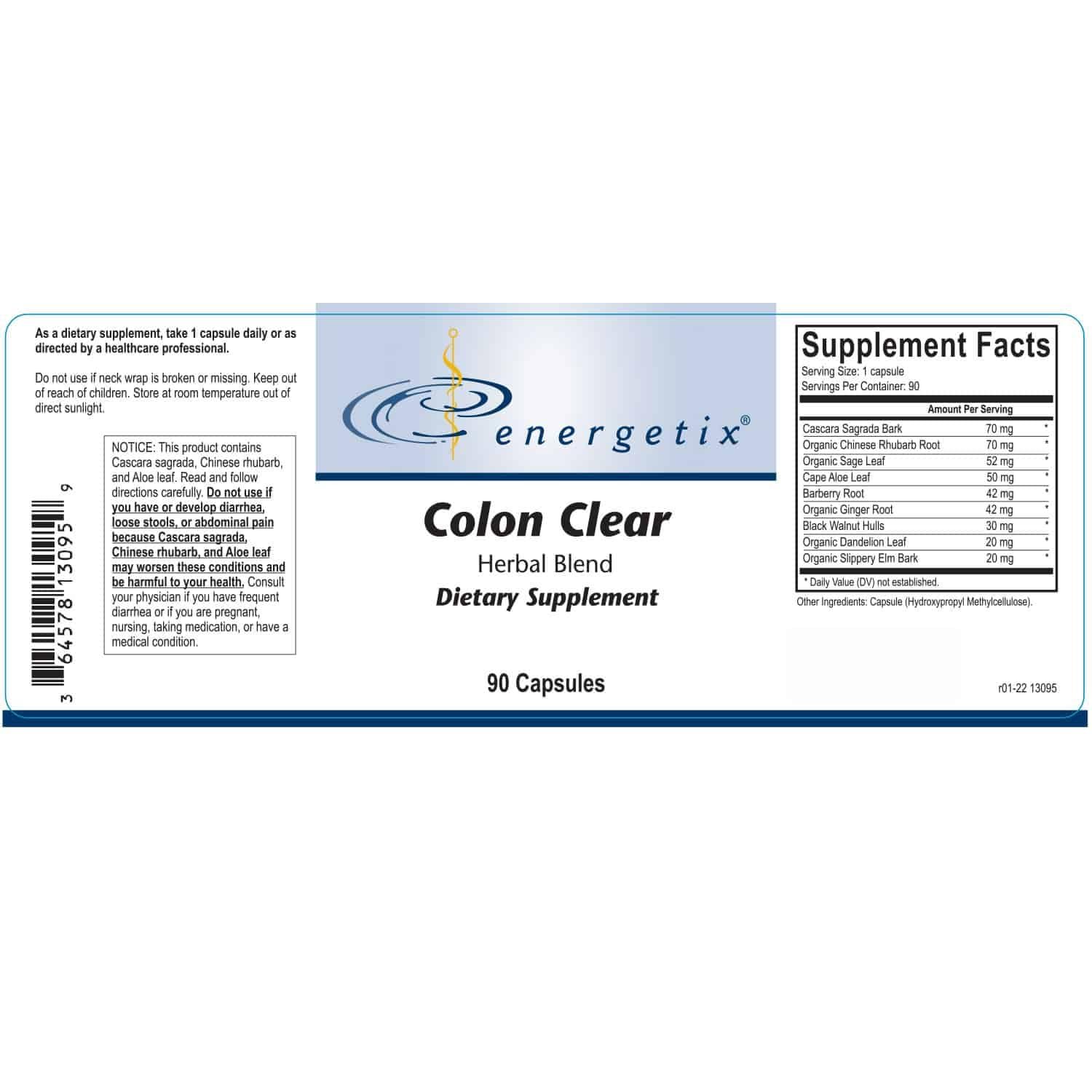 Energetix Colon Clear cápsula en close-up evidencia de fórmula herbal y fácil ingestión