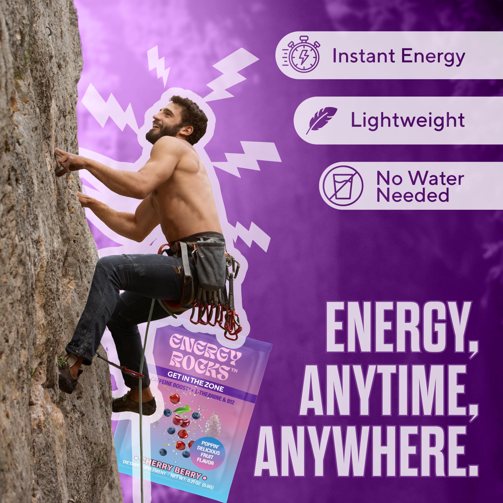 Energy Rocks etiqueta de ingredientes enfocada en cafeína y B12