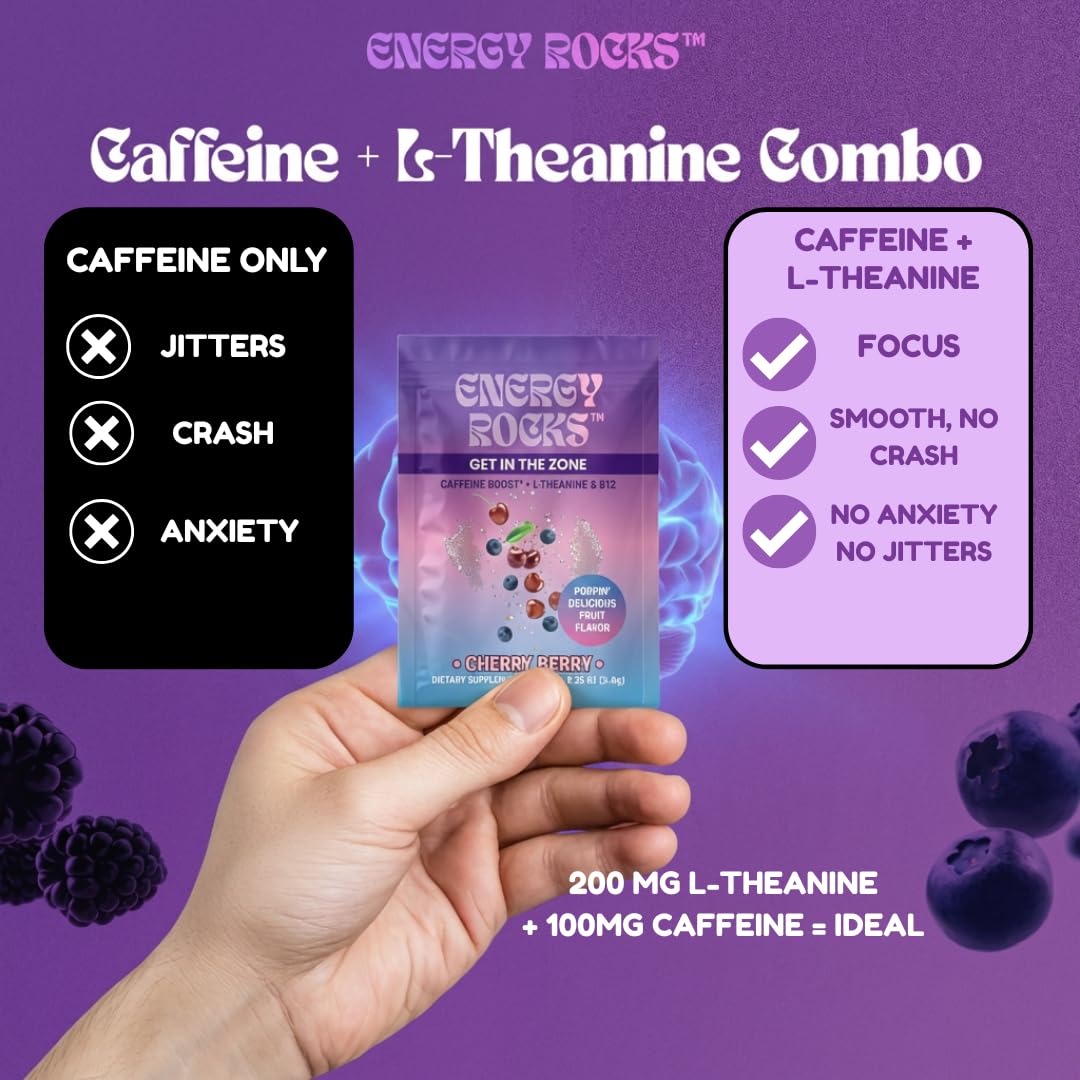 Energy Rocks etiqueta con ingredientes destacando cafeína, L‑theanine y B12
