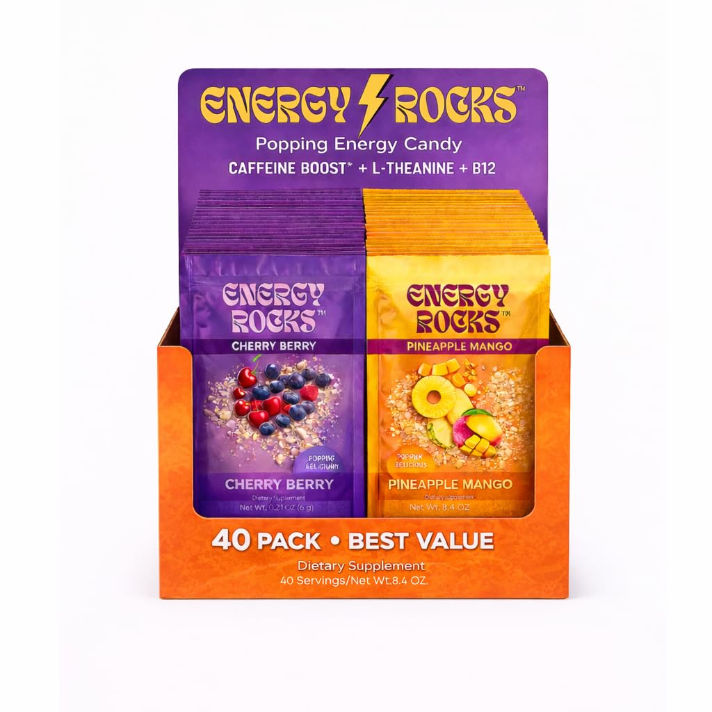 Energy Rocks vista frontal del envase mostrando 40 porciones y conveniencia