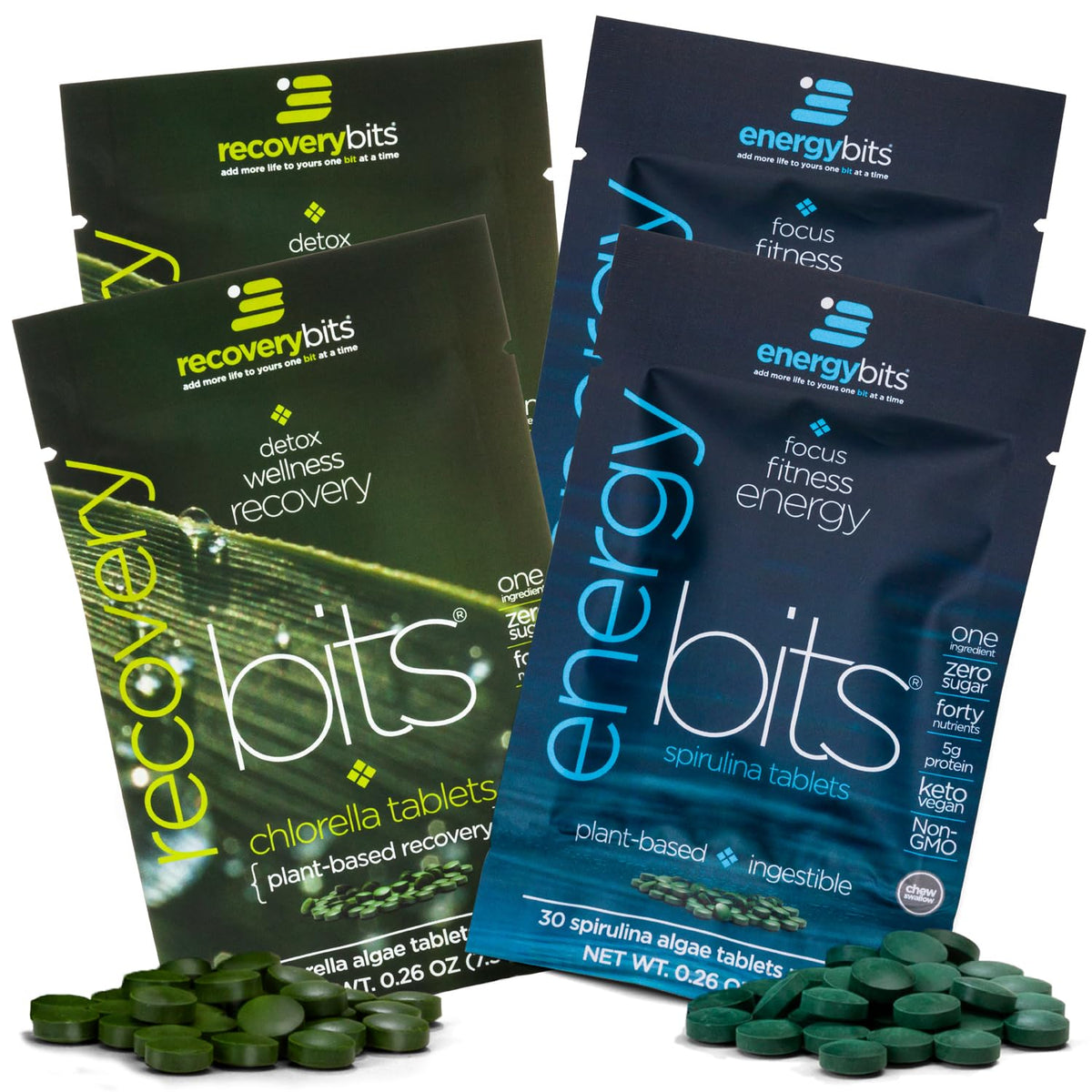 ENERGYbits vista frontal de las cuatro bolsas, muestra práctico y portátil