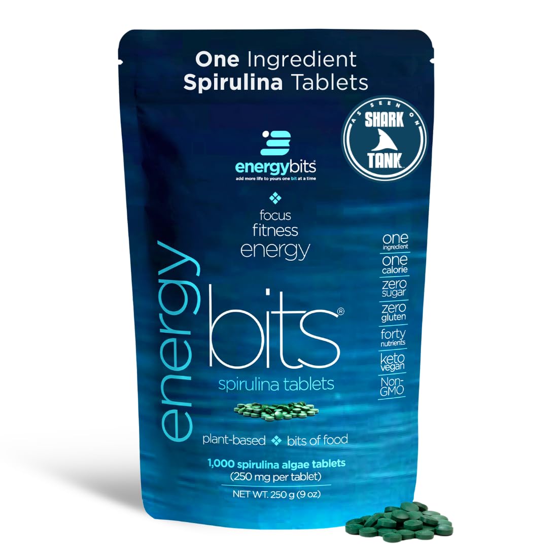ENERGYBITS bote frontal mostrando 1000 tabletas y uso práctico