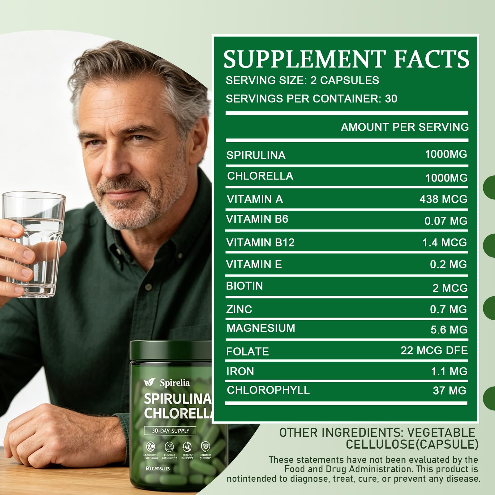 Enerra Spirelia etiqueta nutricional legible que indica vitaminas y minerales clave