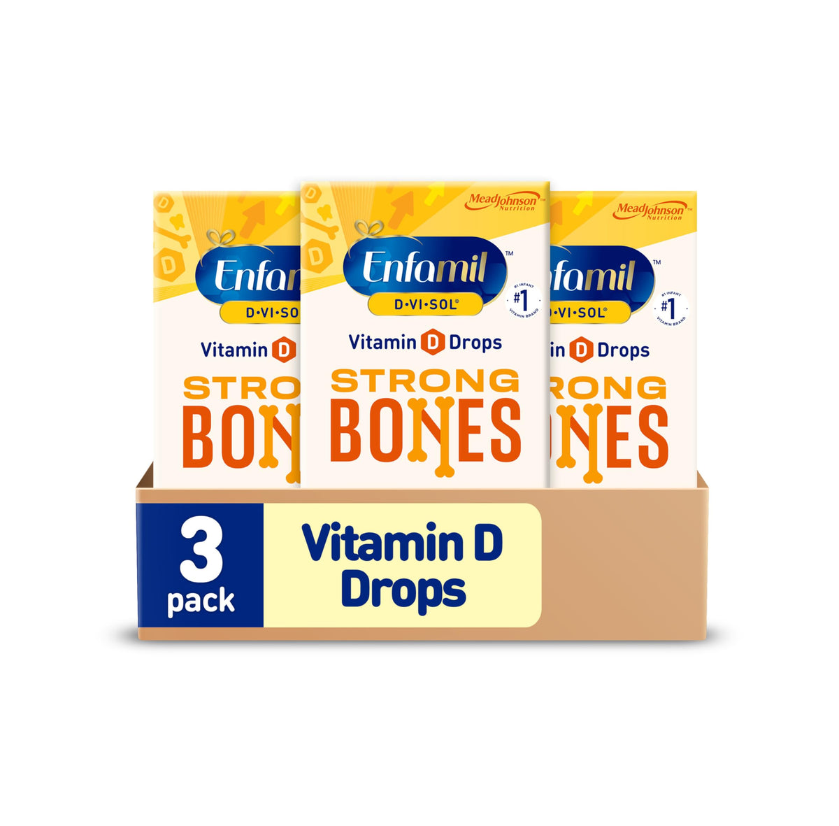 Enfamil frasco frontal D‑Vi‑Sol mostrando etiqueta y tamaño, fácil identificación