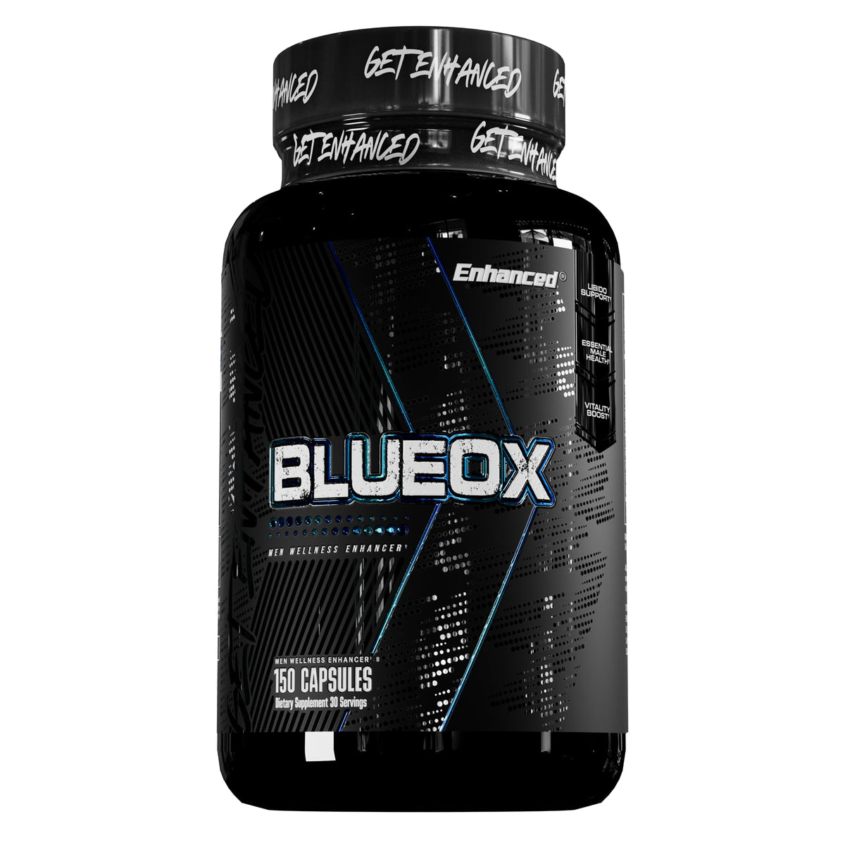 Enhanced Blue Ox frasco frontal mostrando presentación y confianza