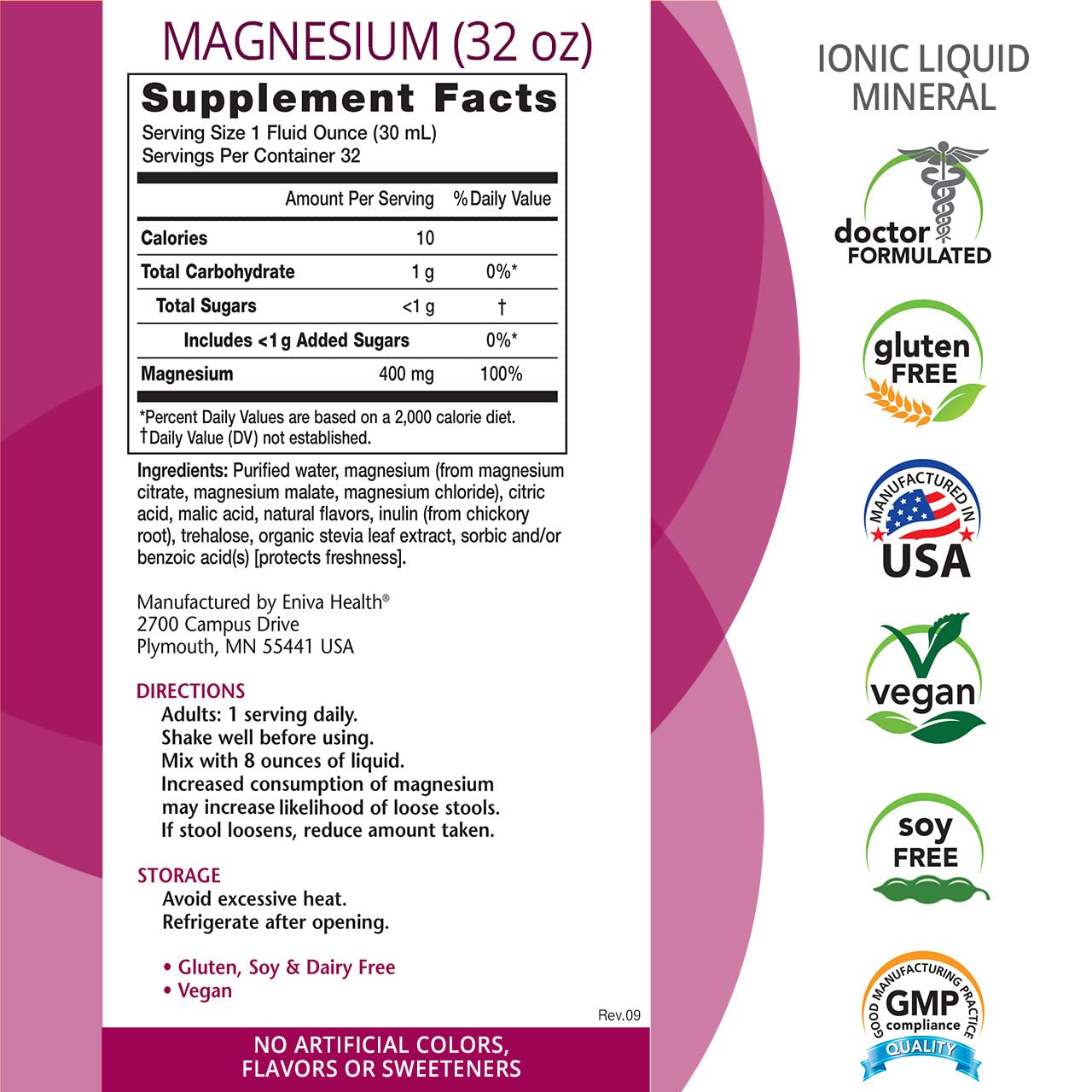 Eniva detalle de etiqueta mostrando ingredientes y ventaja de pureza