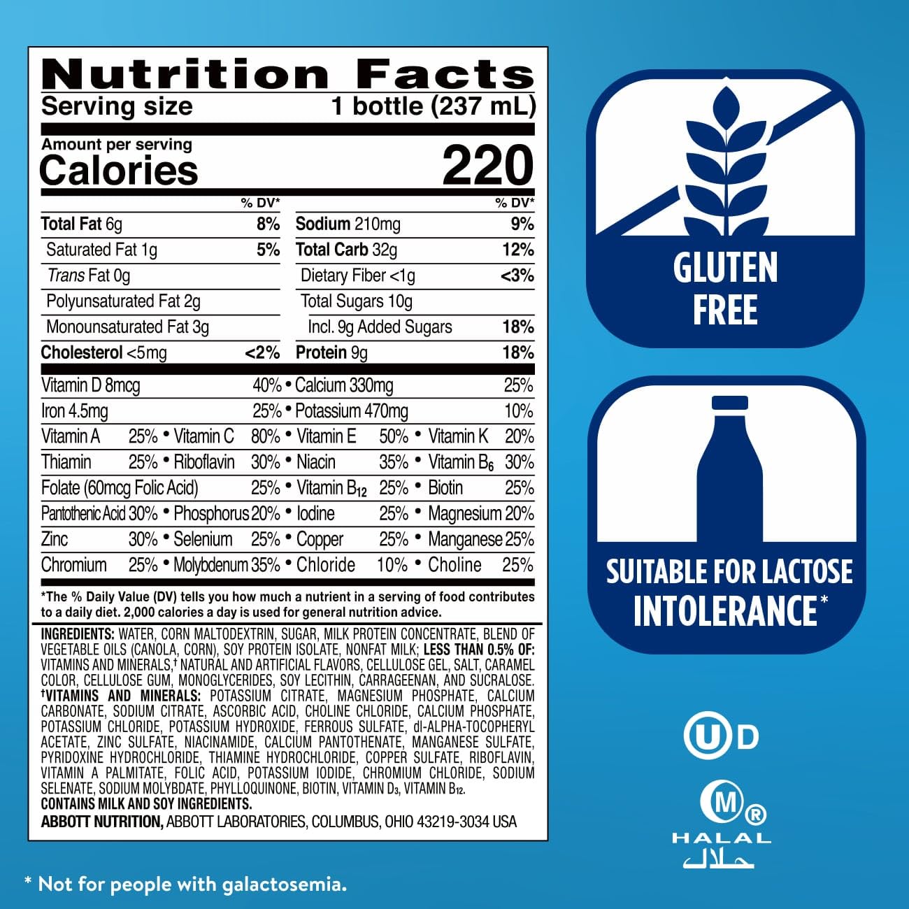 Etiqueta Ensure mostrando valores nutricionales y vitaminas clave