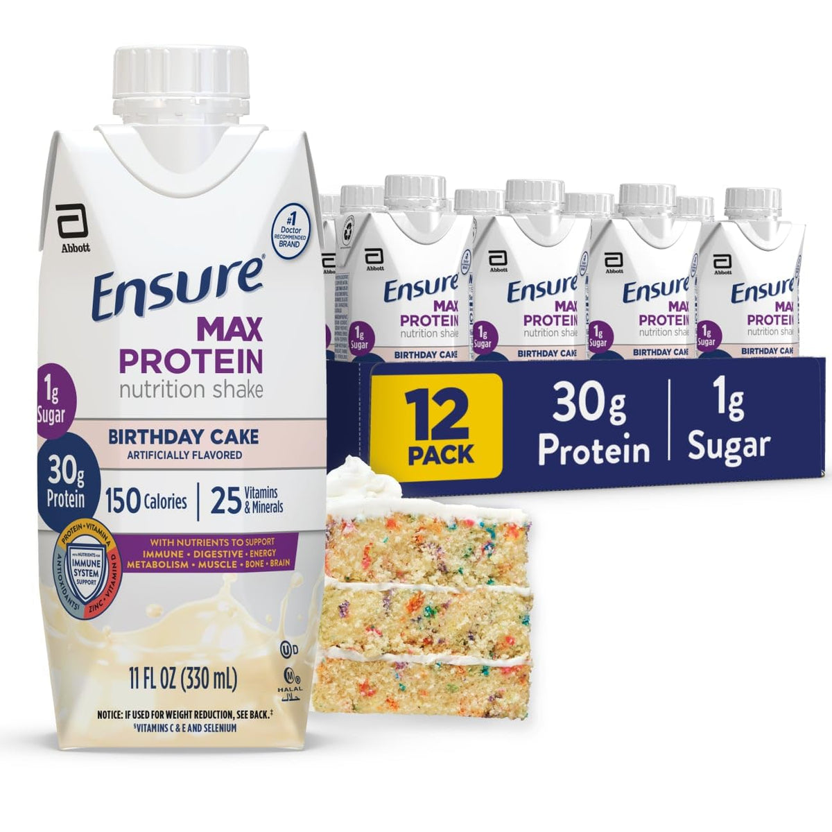 Ensure Max Protein frente del envase mostrando sabor Birthday Cake y beneficio proteico