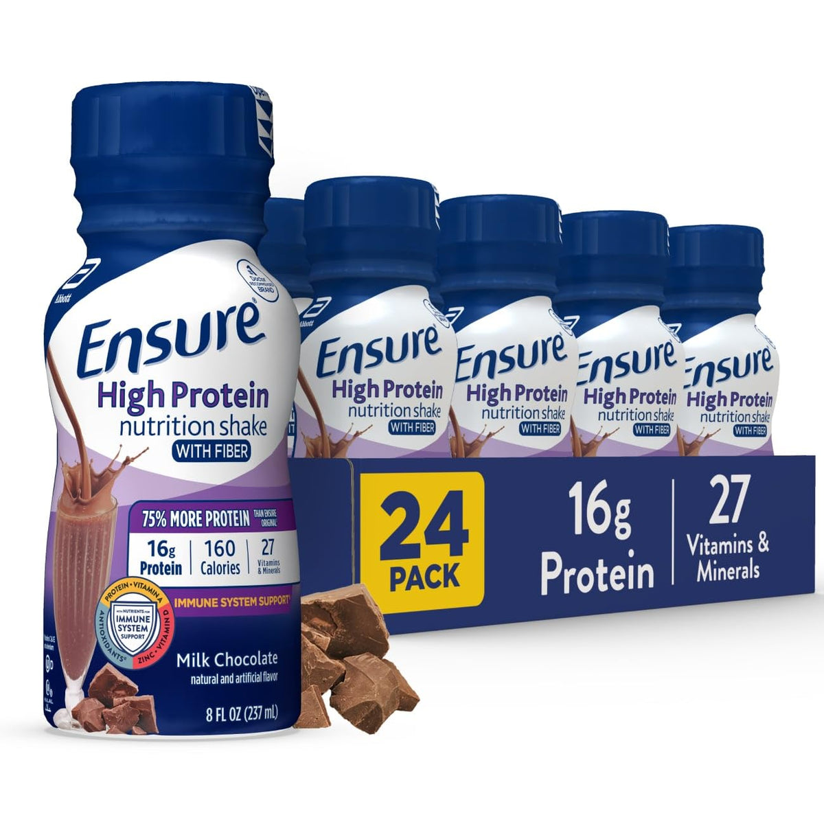 Ensure botella delantera mostrando etiqueta y sabor chocolate, conveniencia inmediata