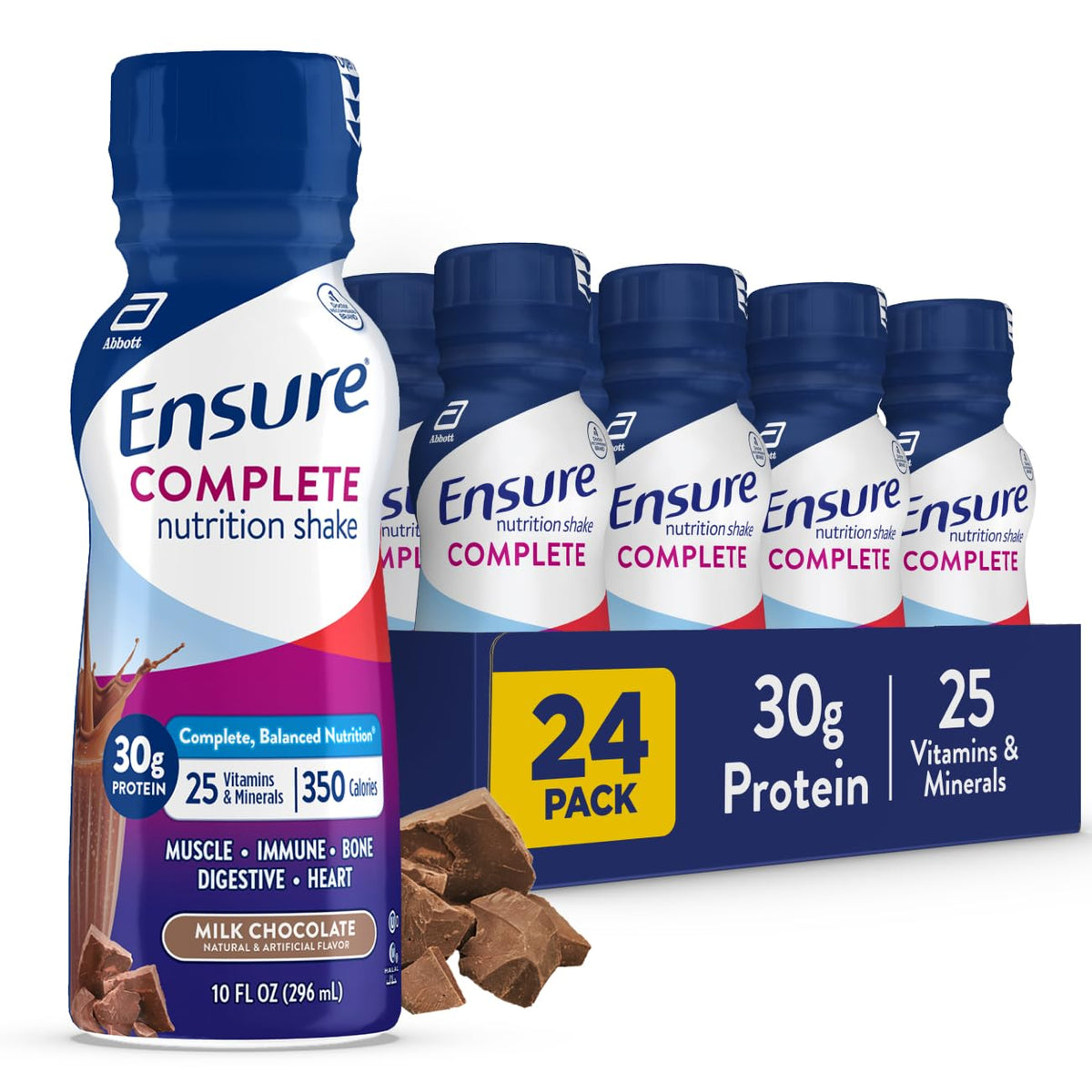 Ensure botella frontal con etiqueta clara mostrando sabor chocolate y beneficios