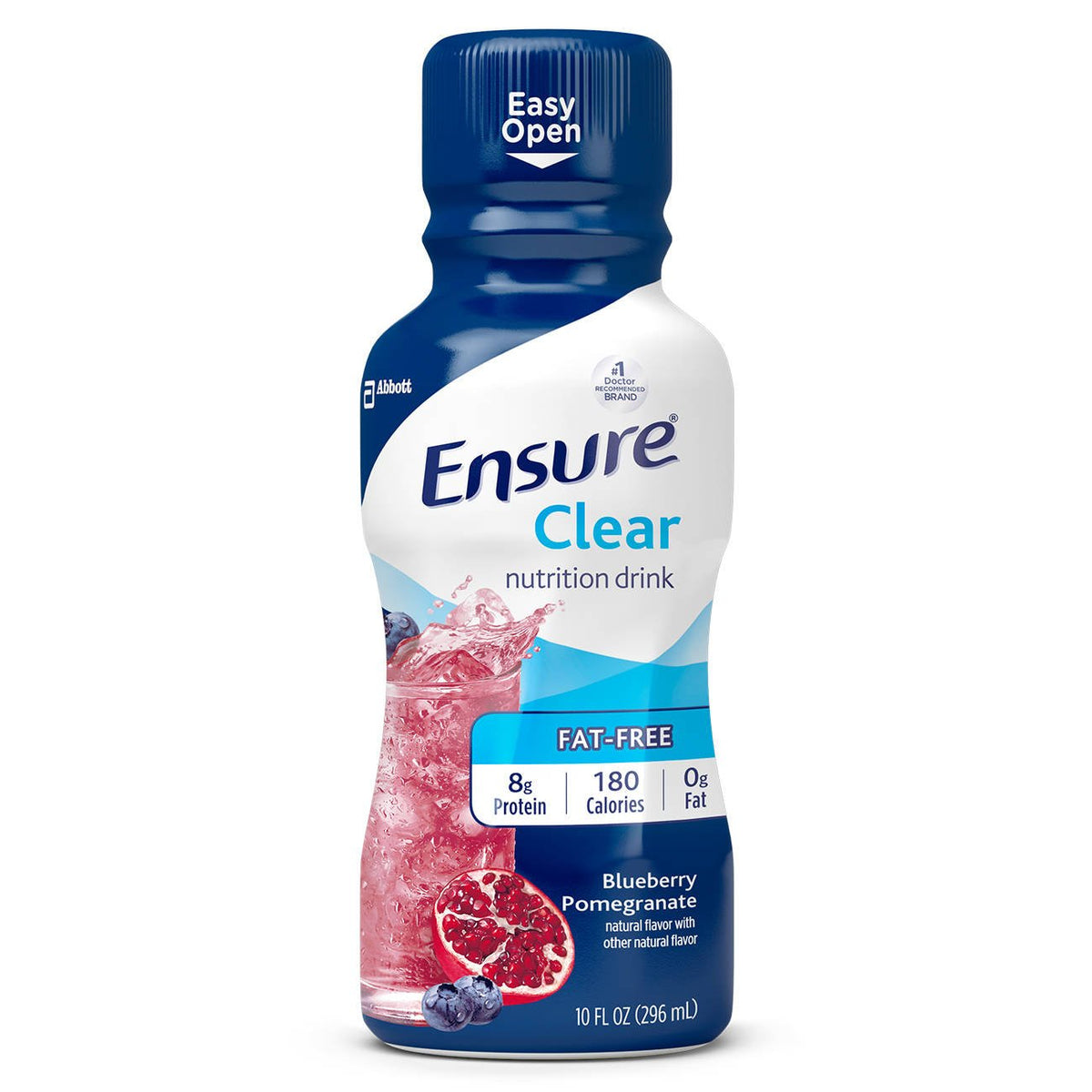 Ensure Clear frontal del envase con etiqueta Blueberry Pomegranate y beneficio hidratante