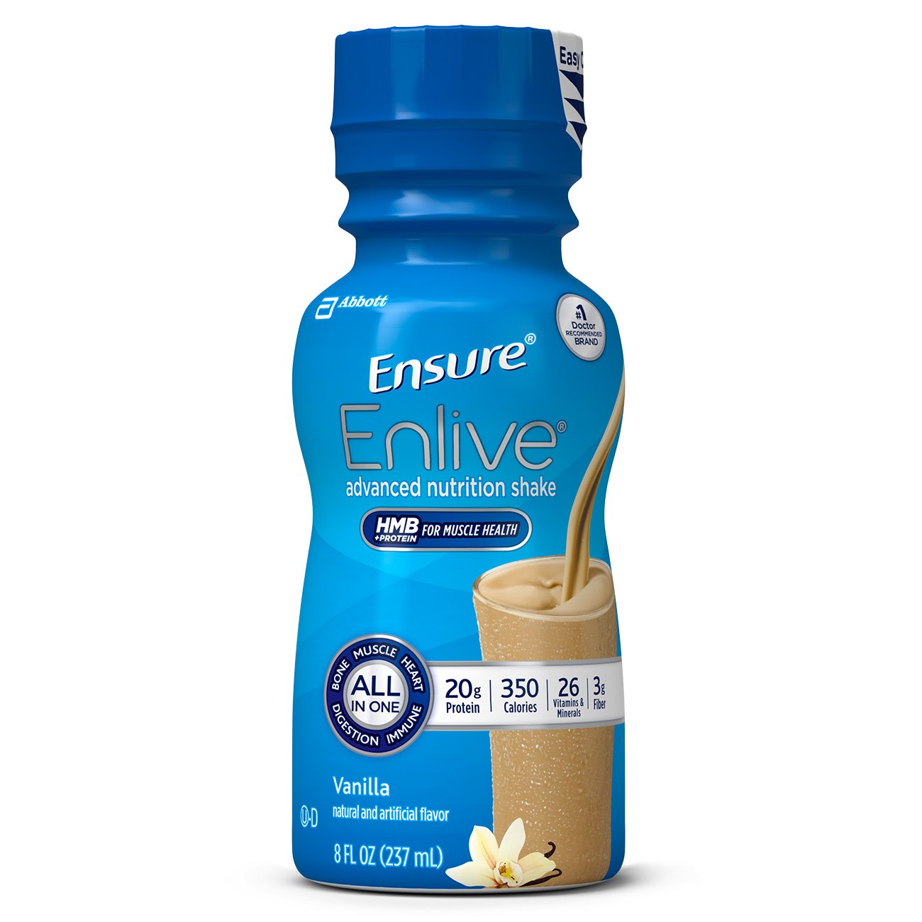 Ensure Enlive frontal del paquete mostrando tamaño y sabor, conveniencia inmediata