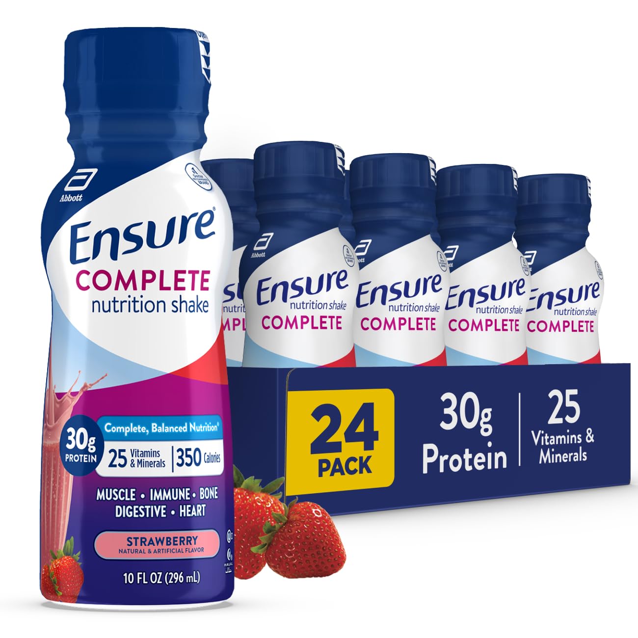 Ensure botella frontal fresa mostrando envase y beneficios nutricionales