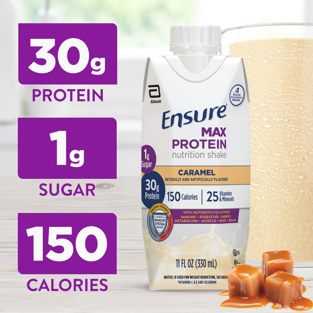 Ensure Max Protein caramelo etiqueta con nutrientes clave y beneficios