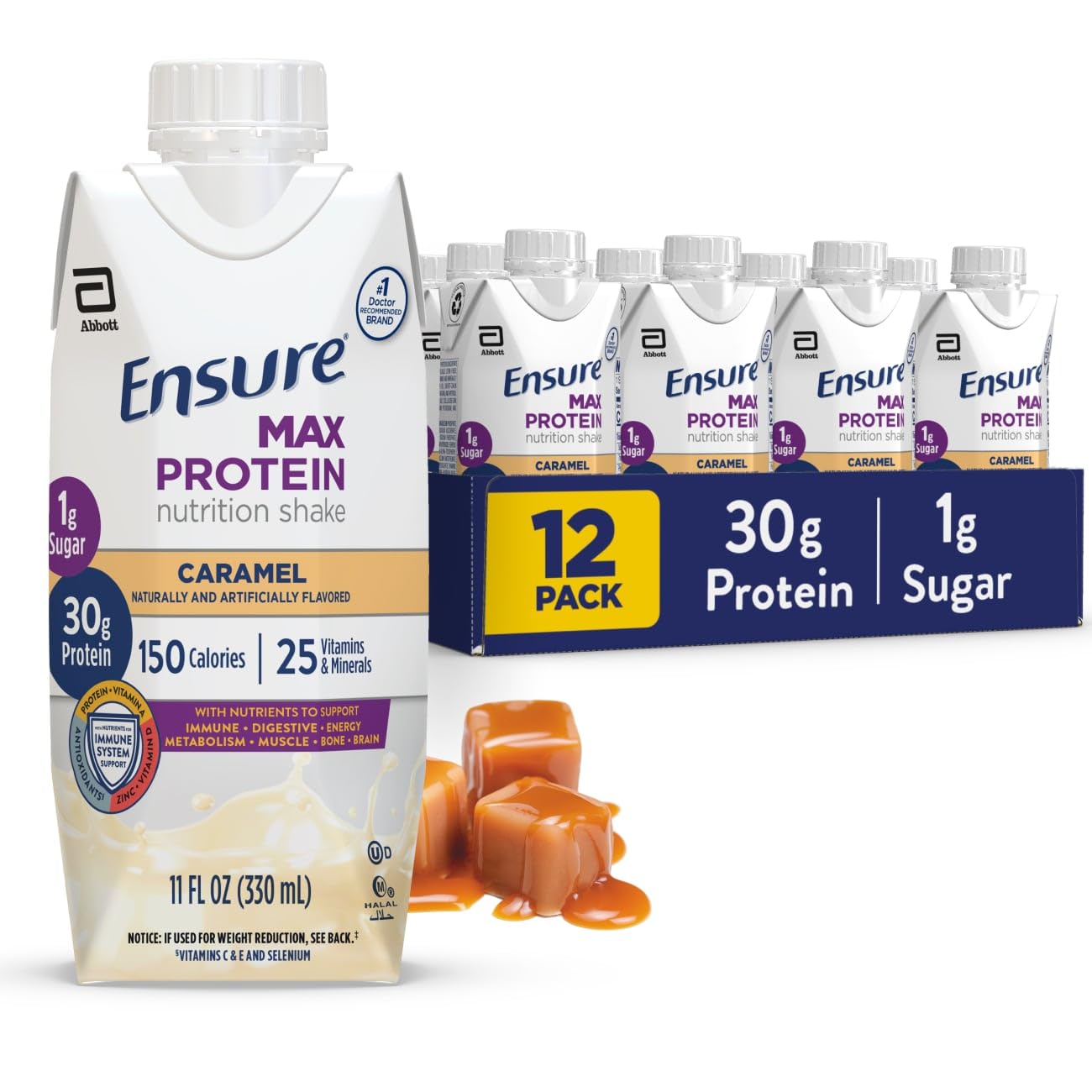 Ensure Max Protein caramelo vista frontal botella muestra sabor