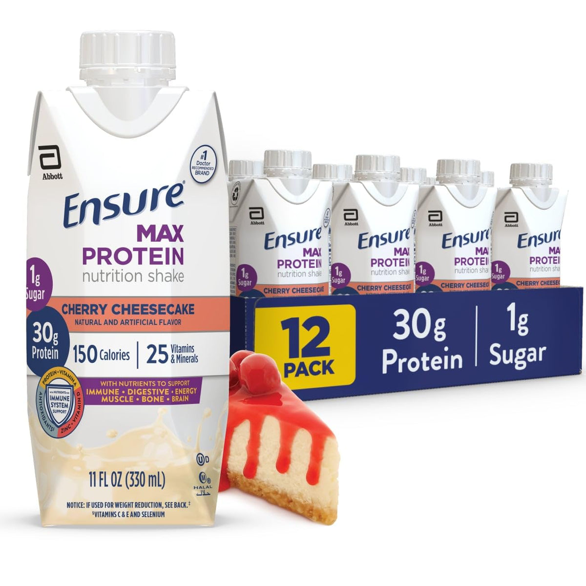 Ensure Max Protein frontal del envase mostrando sabor Cherry Cheesecake y 30 g proteína