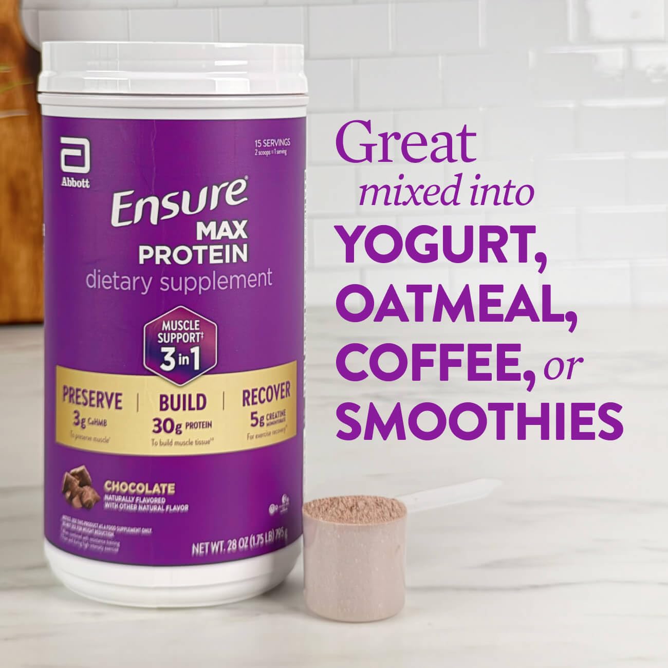 Ensure closeup de creatina y CaHMB destacando ingredientes activos