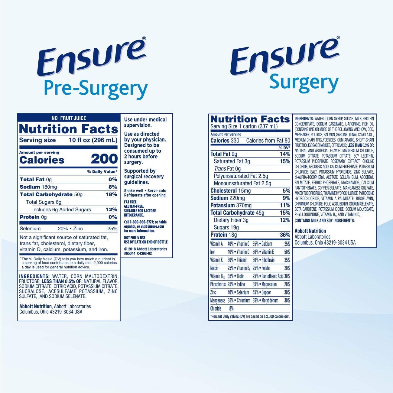Producto Ensure en entorno clínico simulando uso durante preparación quirúrgica