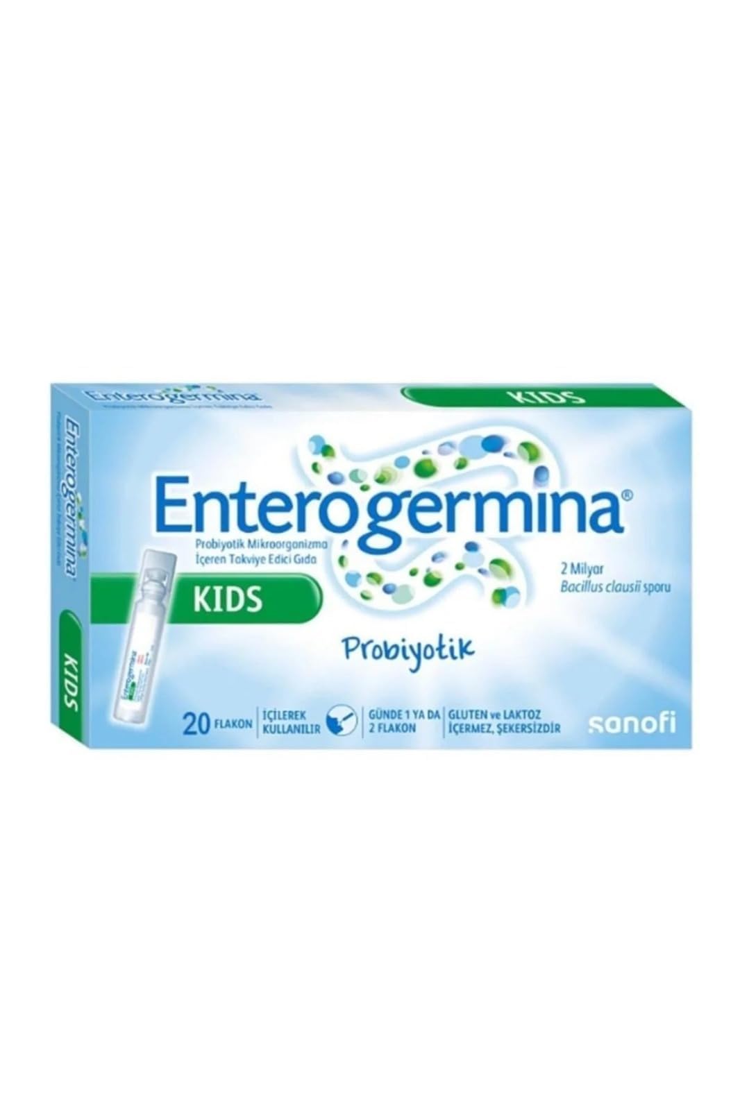 EnterogerminaKids primer plano de un vial listo para usar, detalle de la textura líquida