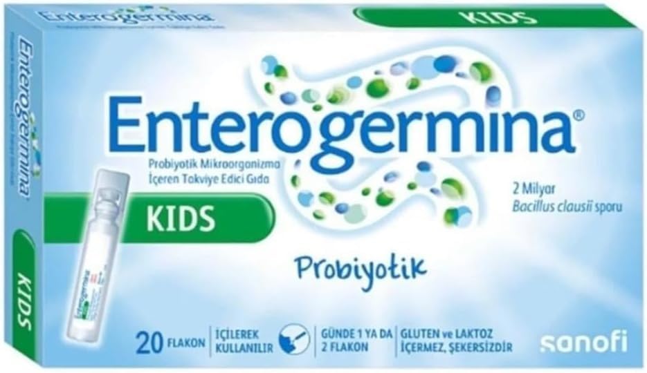 EnterogerminaKids envase frontal mostrando 20 viales portátiles y beneficios de uso