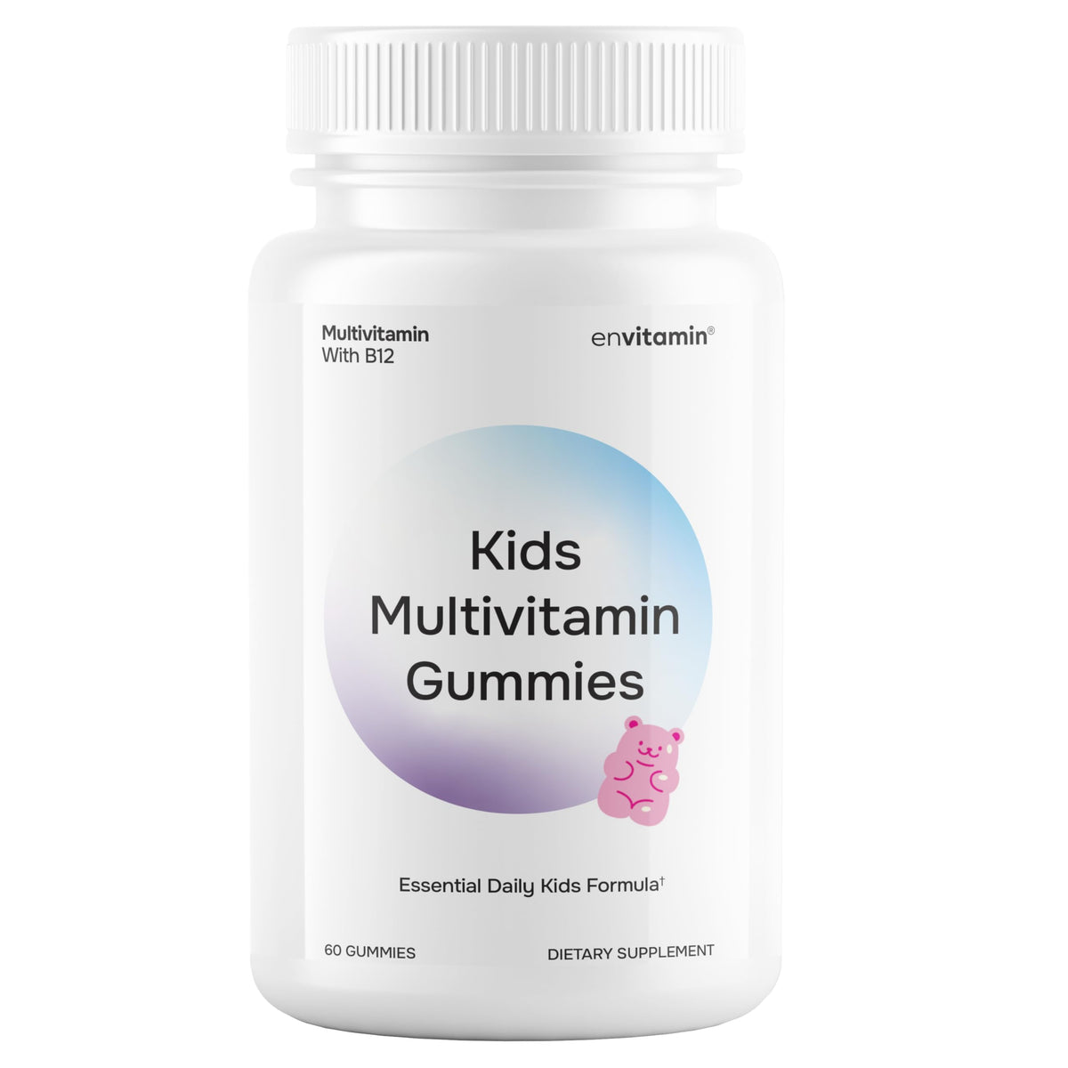 envitamin frasco delantero con etiqueta clara y multivitaminas para niños
