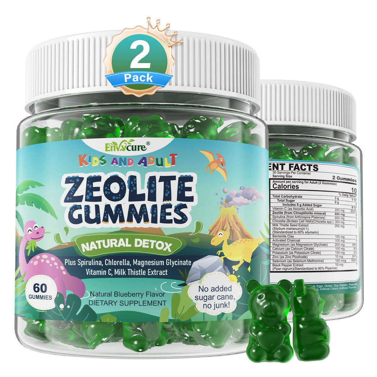 EnvyCure frasco frontal de gomitas zeolite mostrando etiqueta clara y beneficio sin azúcar