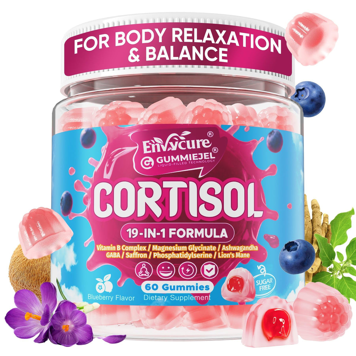 EnvyCure frente del envase mostrando 60 gomitas, apoyo para equilibrio