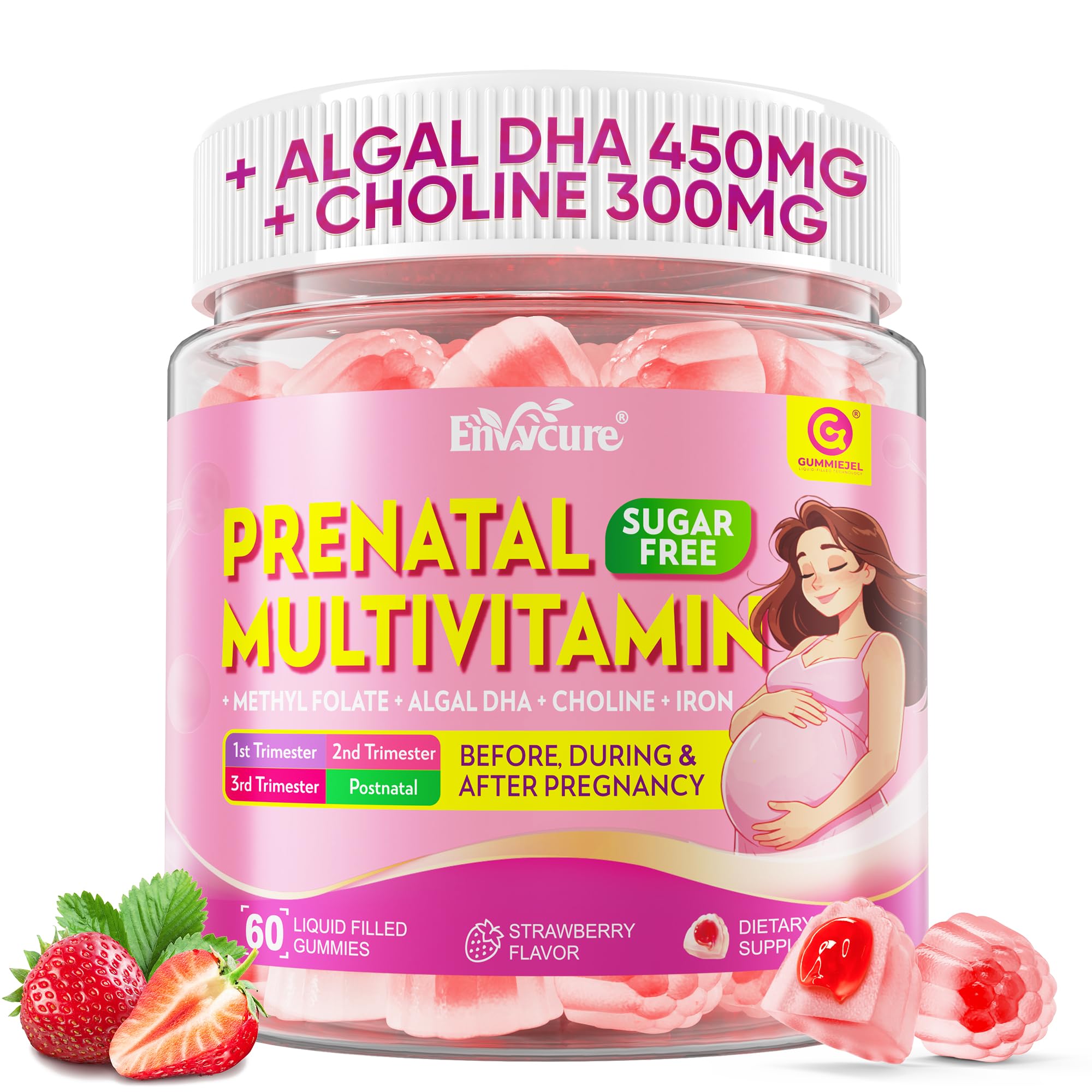 EnvyCure empaque frontal mostrando fórmula prenatal vegana y sin azúcar