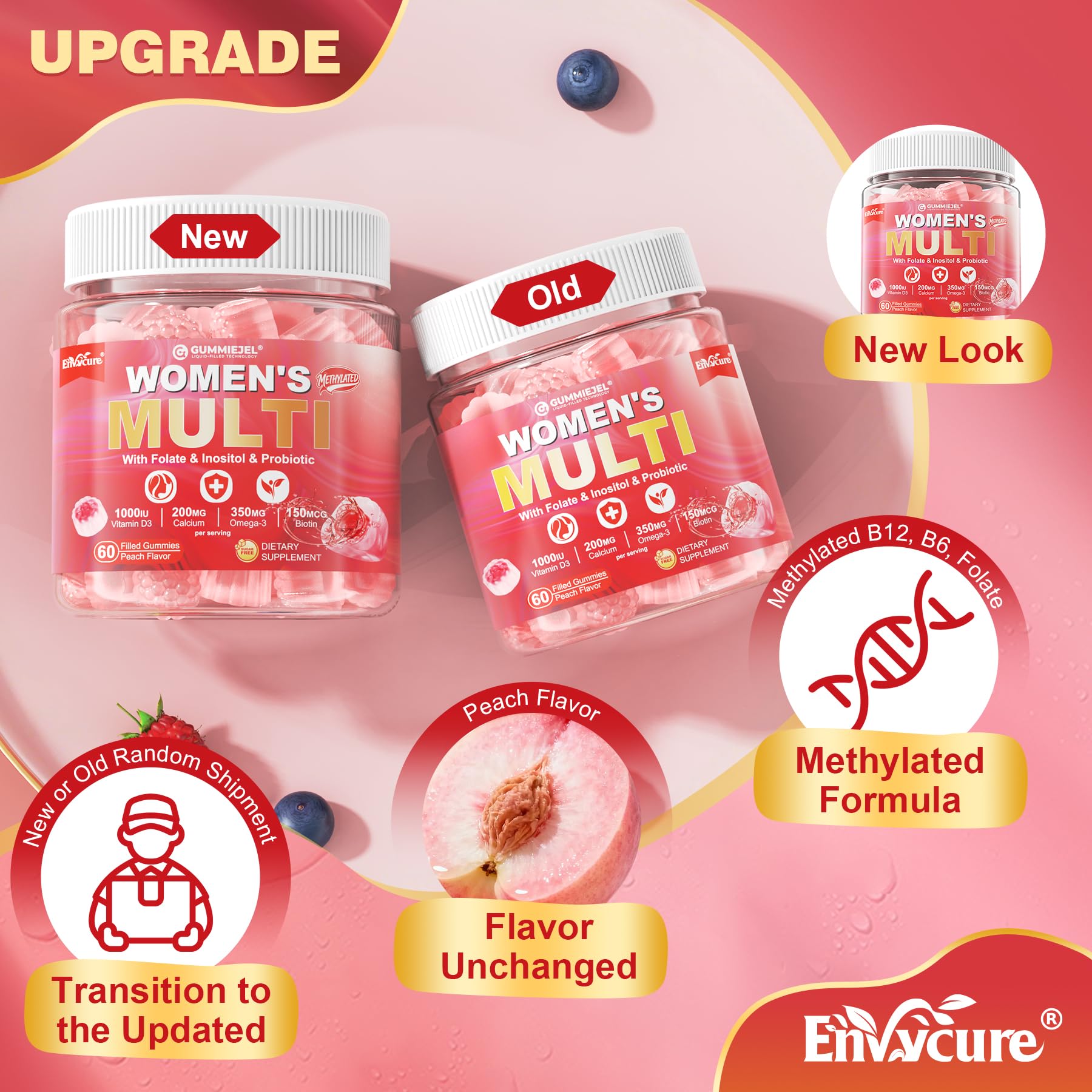EnvyCure primer plano de textura de gomita, detalle masticable y agradable sabor durazno