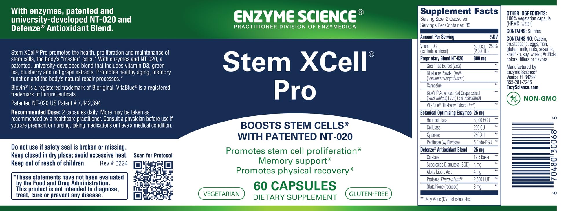 Enzyme Science Stem XCell Pro etiqueta con lista de ingredientes clave y beneficios claros