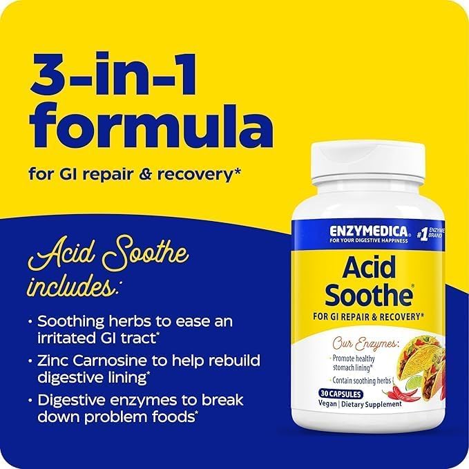 Enzymedica cápsula Acid Soothe primer plano mostrando formato vegano práctico