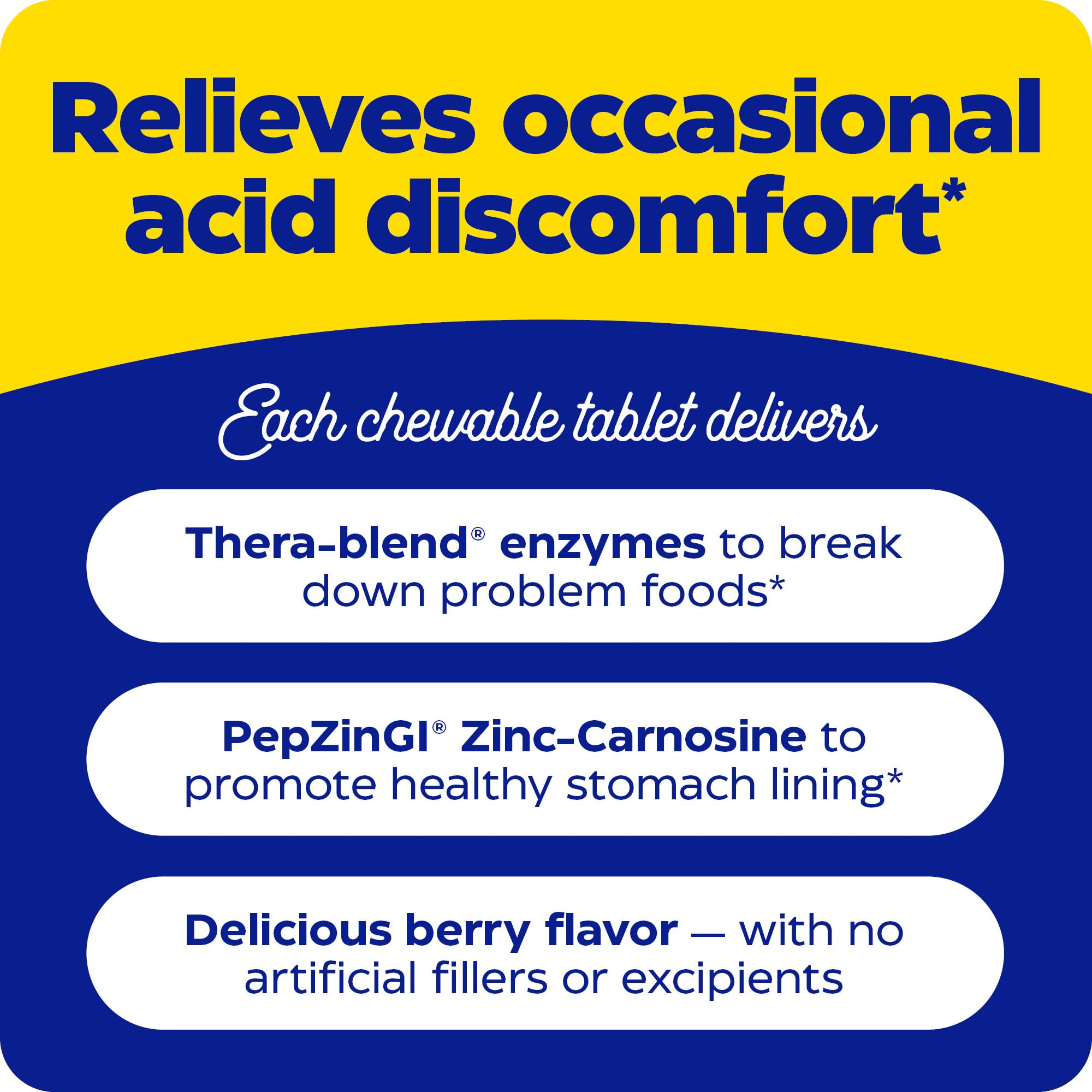 Etiqueta nutricional de Enzymedica Acid Soothe con ingredientes y certificaciones