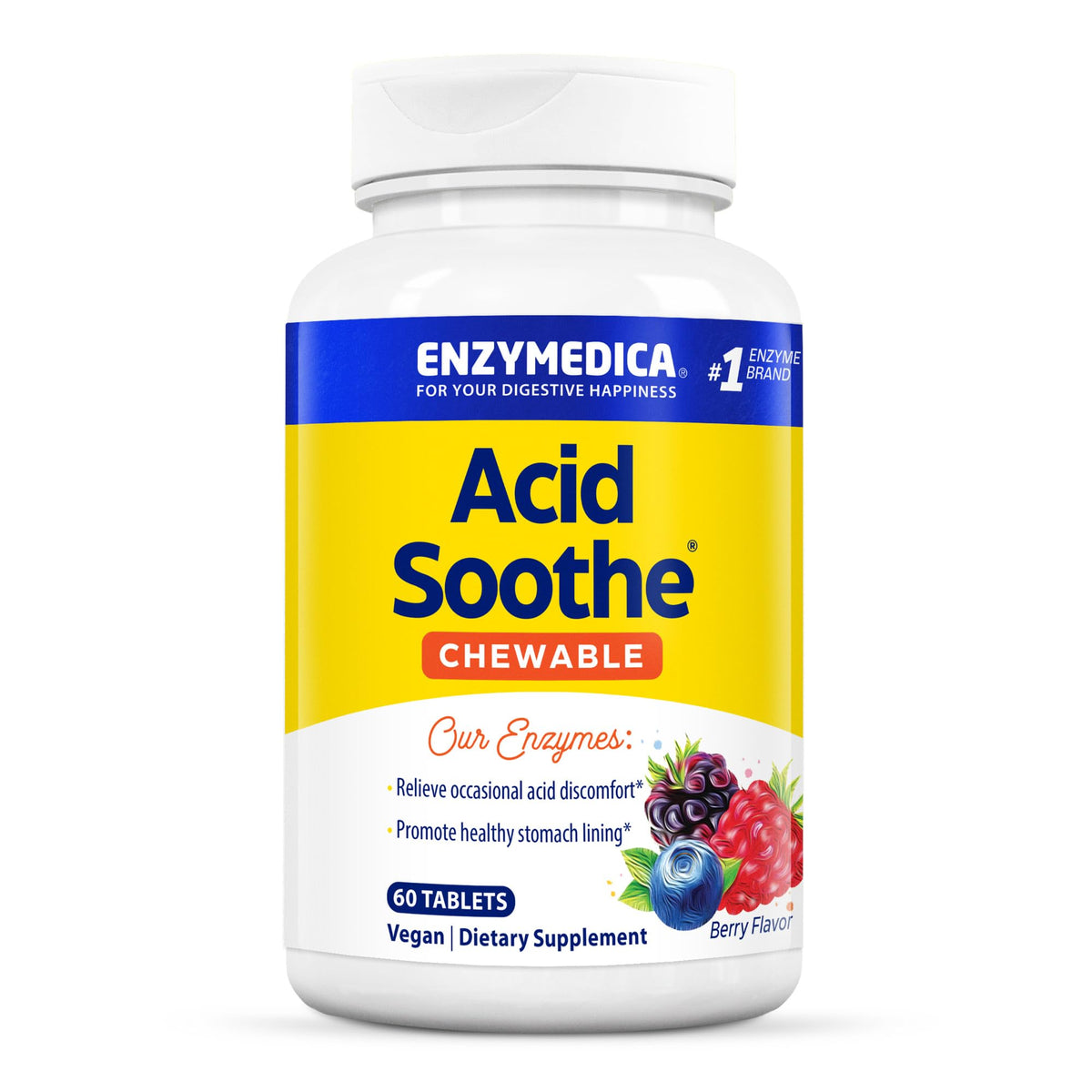 Enzymedica envase frontal de Acid Soothe masticable mostrando diseño y cantidad