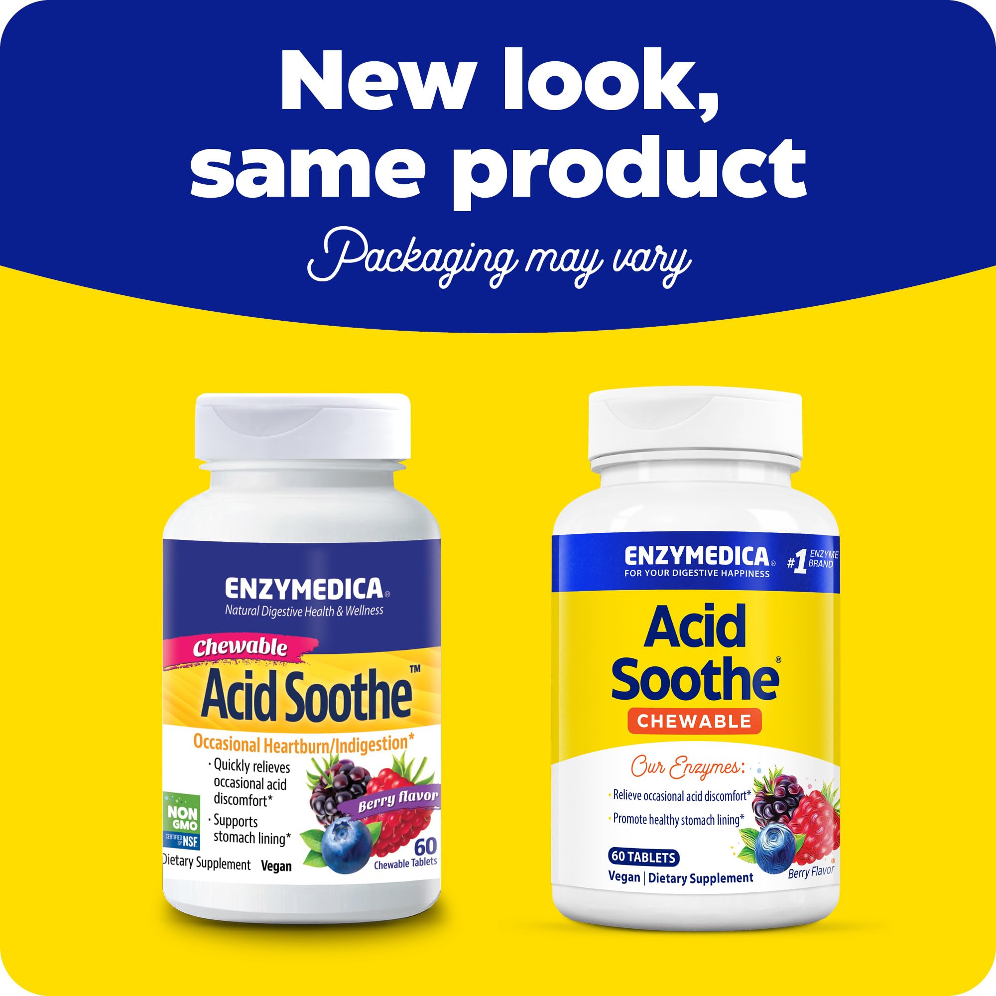 Primer plano de tabletas de Enzymedica Acid Soothe para ver textura y tamaño