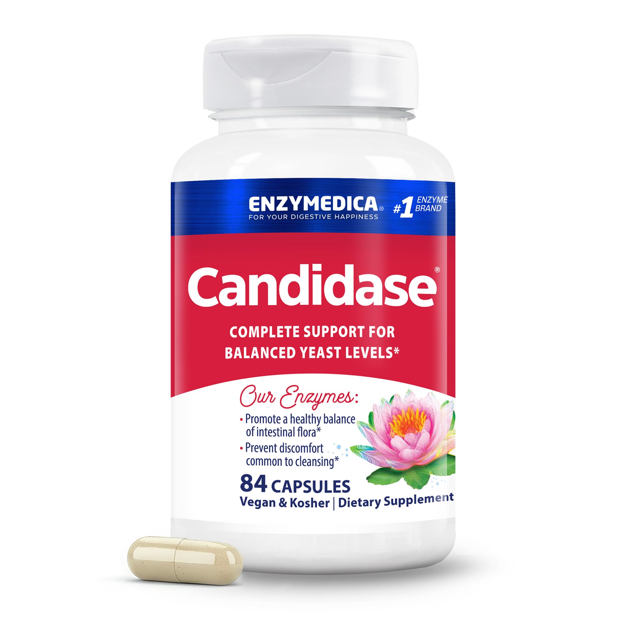 Enzymedica Candidase frente del frasco mostrando diseño y cantidad 84 capsulas