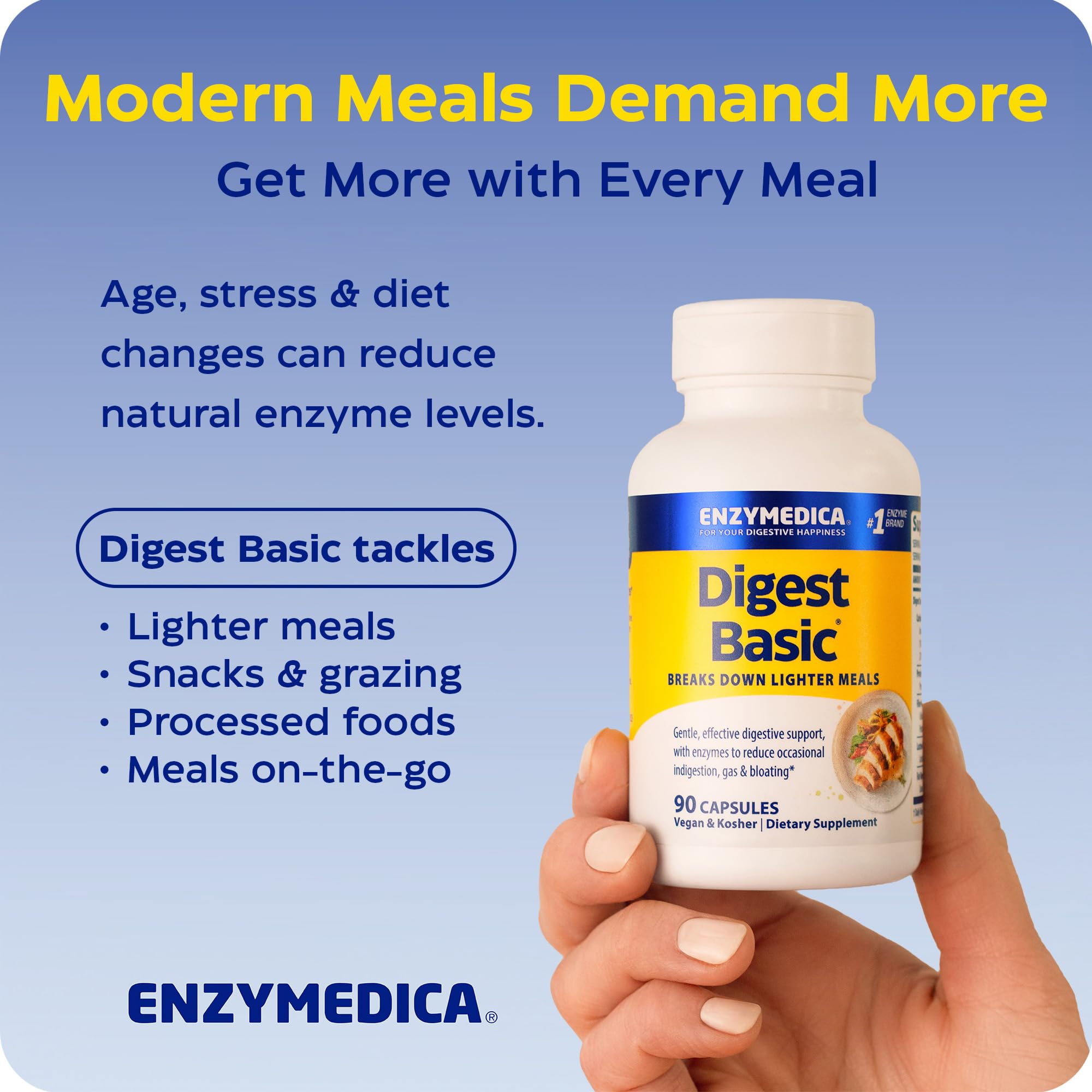 Enzymedica Digest Basic estilo de vida con persona comiendo sin incomodidad